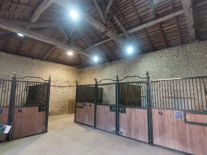 Boxes pour chevaux en bois dans une écurie intérieure