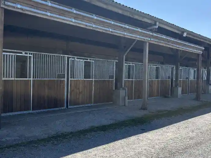 Boxes en bois avec portes coulissantes, avec un avant-toit, donnant sur une cour.
