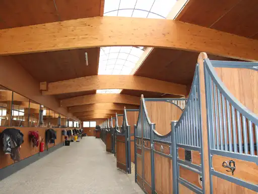Écurie intérieure récente avec boxes en bois et allée centrale