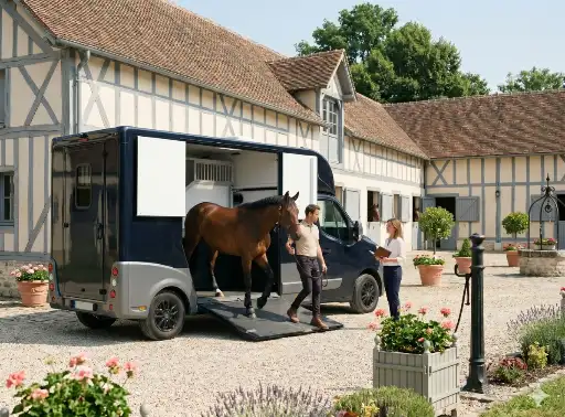 Transporteur déchargeant un cheval chez une cliente